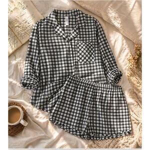 Auden Gingham Pajama Set Womens S Black White Sleepwear Button Top Shorts Lounge
